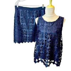 LOFT Navy Blue Lace Skirt Set